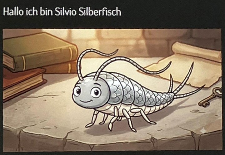 Silvio Silberfisch, ein Silberfisch im Comic-Stil aus einem Actionbound. Silvio Silberfisch, ein Silberfisch im Comic-Stil aus einem Actionbound.